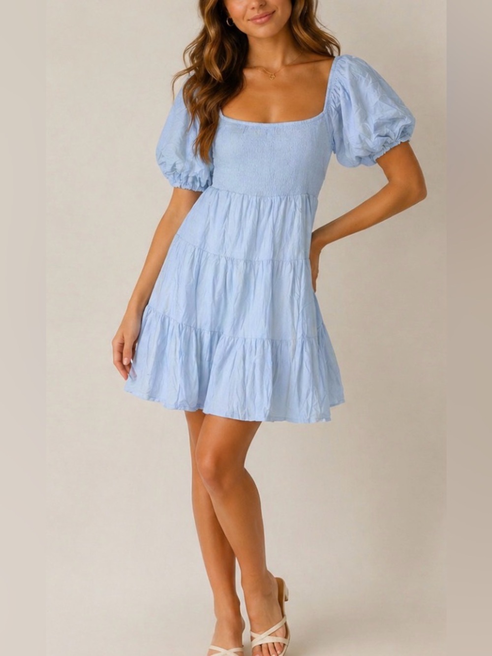 Zesica Light Blue Smocked Short Puff Sleeves Mini Dress NWT Medium